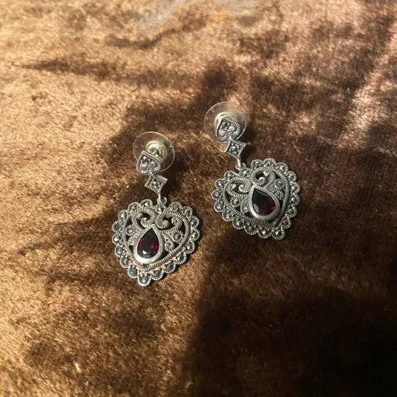 Vintage Garnet marcasite renaissance revival earrings - Picture 3 of 6